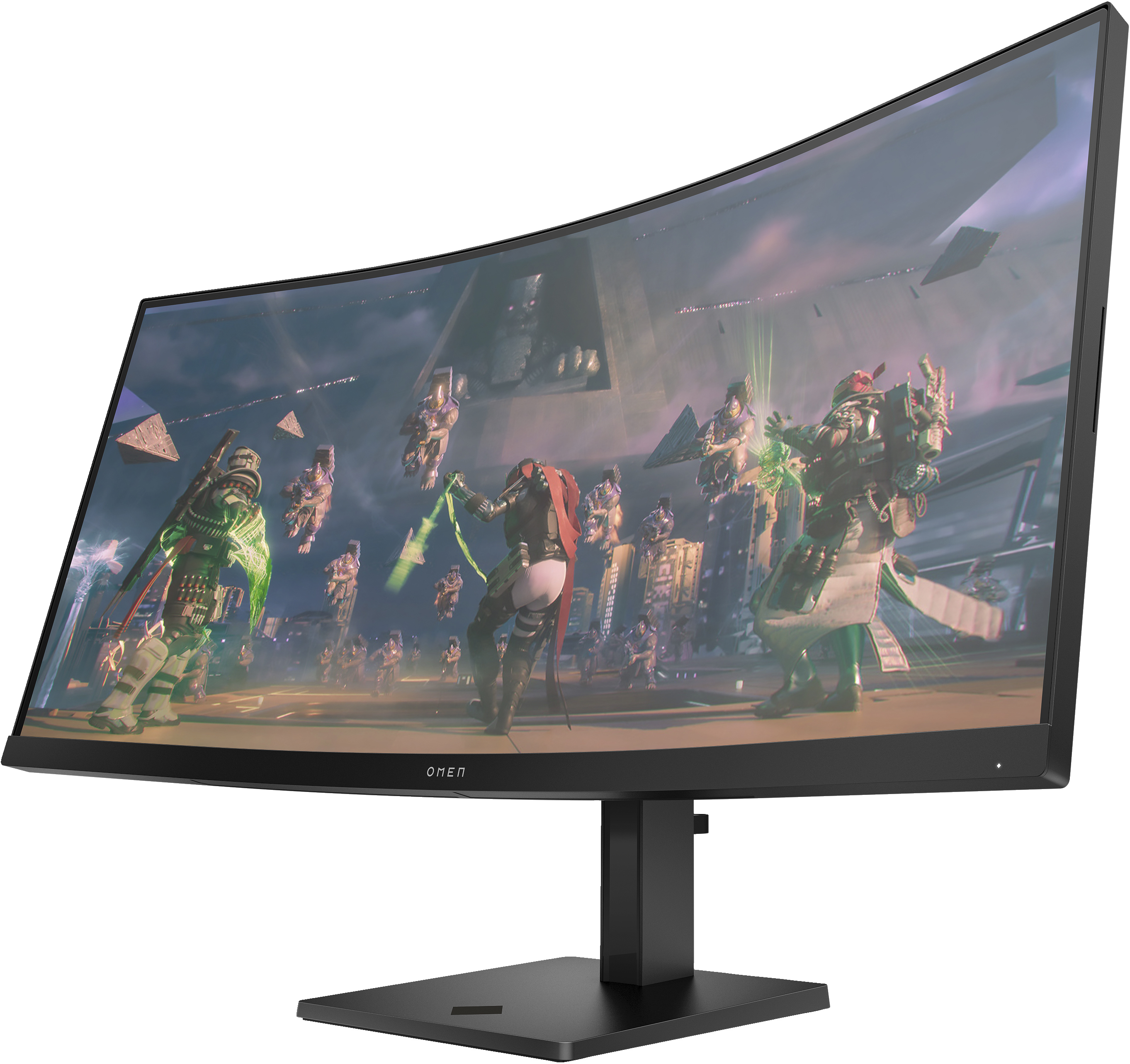 Moniteur OMEN incurvé affichant une scène de jeu vidéo avec des personnages. Socle et base noirs. Fond sombre.