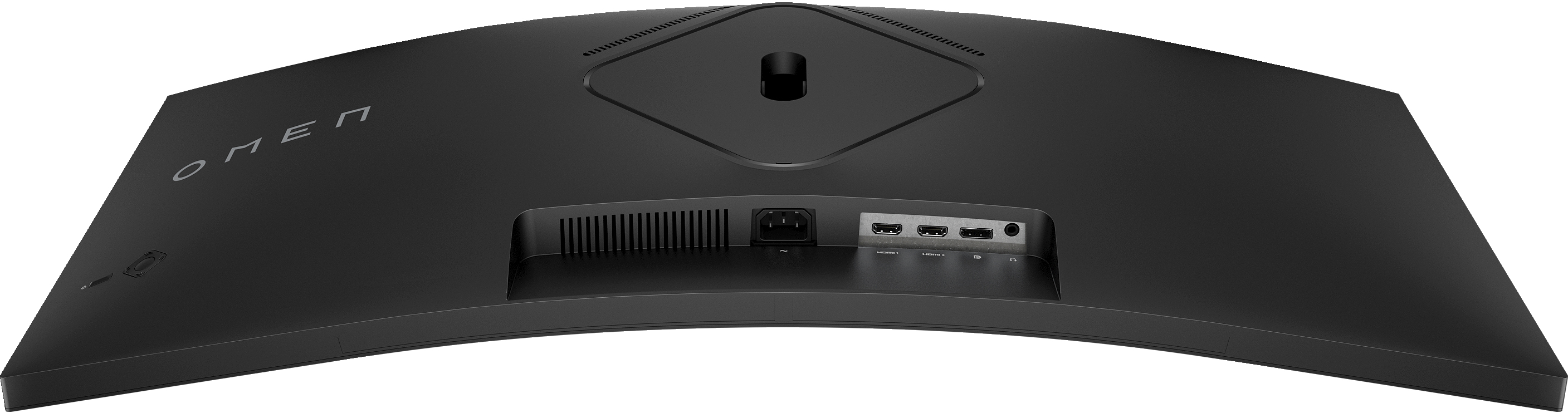 L'arrière d'un moniteur noir incurvé avec des ports et le logo OMEN sur fond sombre.