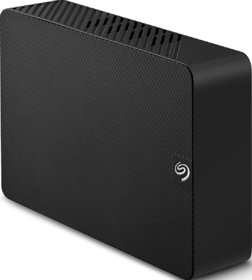 Eine schwarze Seagate Festplatte mit strukturierter Front. Das Seagate-Logo ist sichtbar.