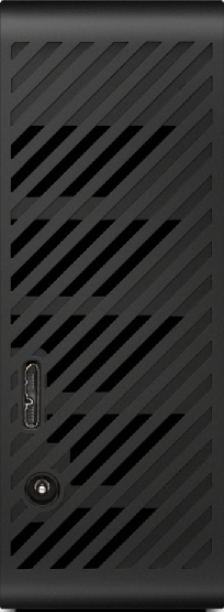 Schwarzes Gerät mit diagonalen Schlitzen und einem Anschluss, auf schwarzem Hintergrund.