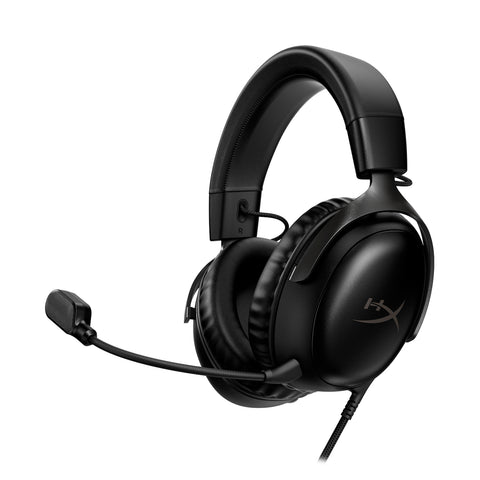 Fekete HyperX gamer headset mikrofonnal. Fehér háttér.