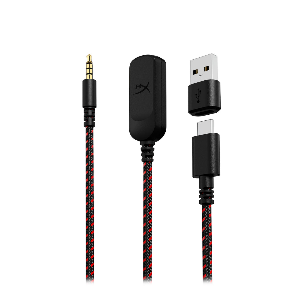 Fekete és piros fonott kábelek csatlakozókkal. Fejhallgató csatlakozó, USB és USB-C csatlakozó.