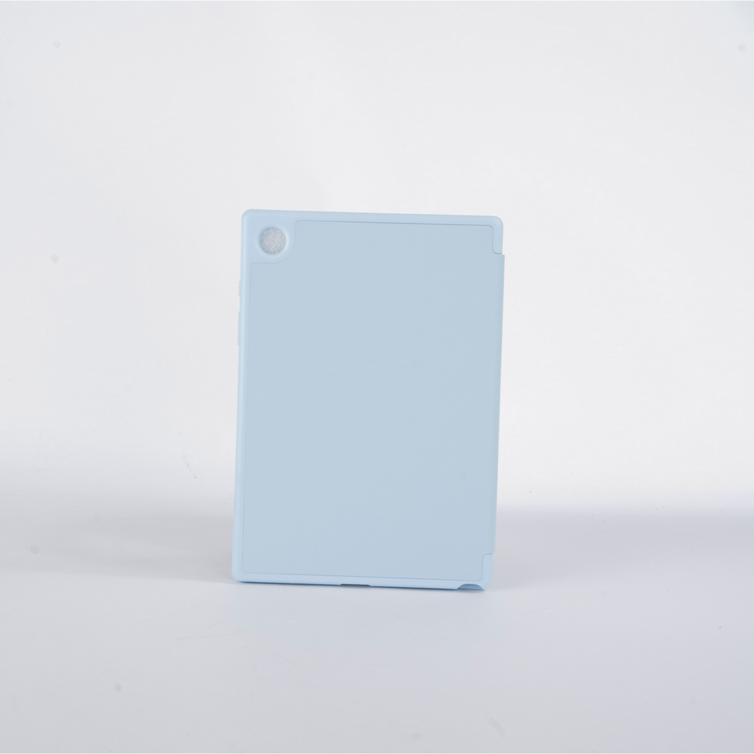 A light blue tablet case, closed, on a white background.