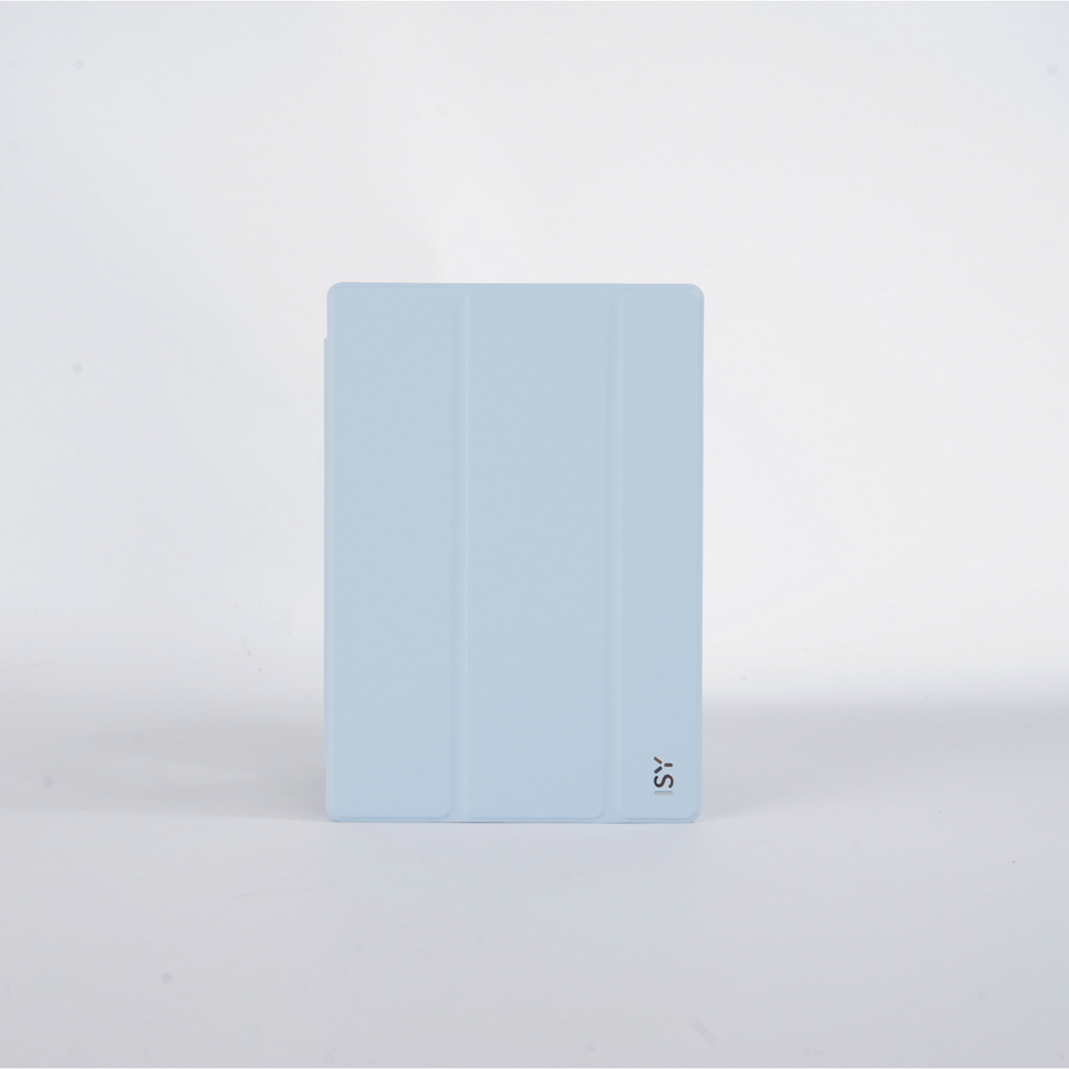 A light blue tablet cover with the letters 'SY' on the bottom right corner. White background.
