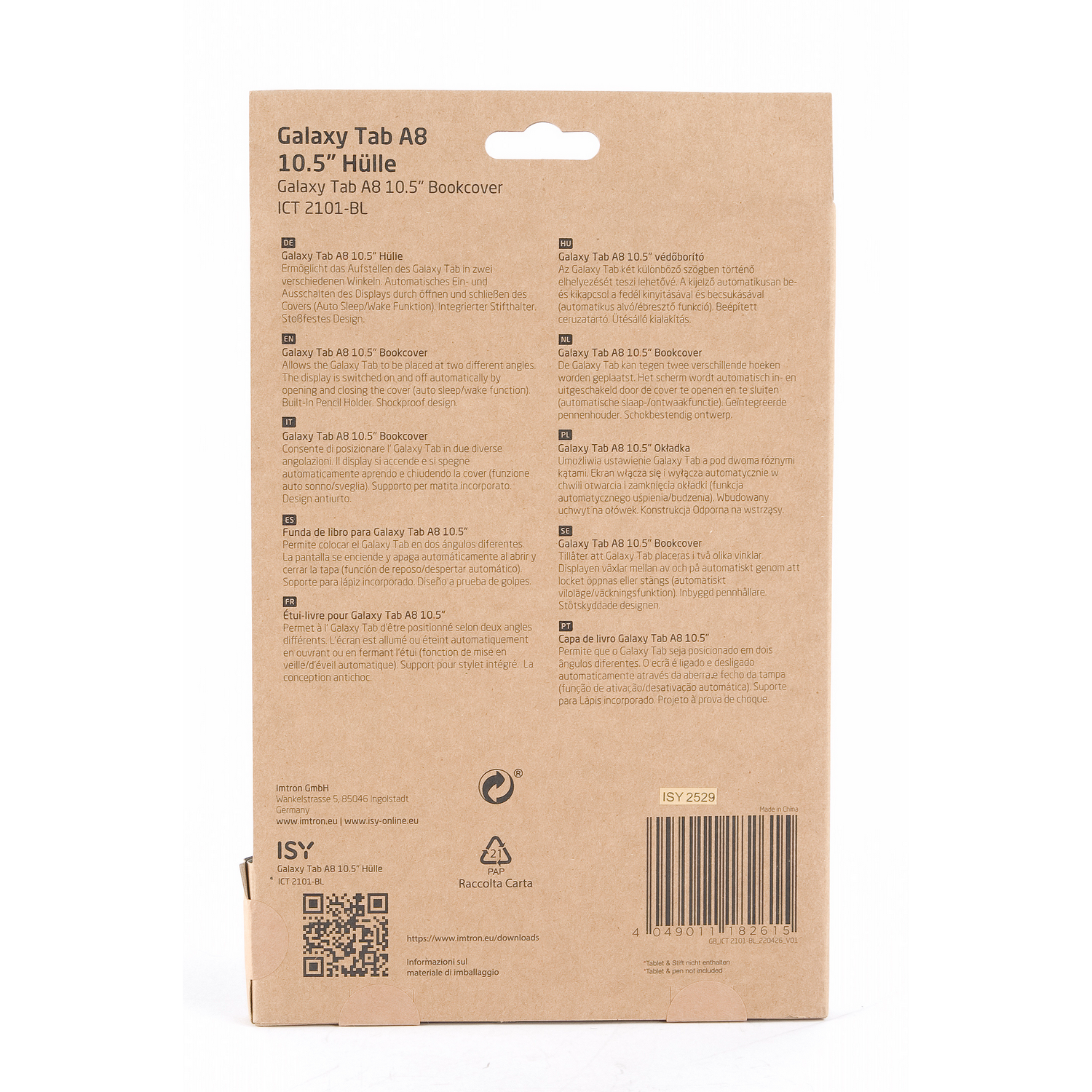 A white background with text about a Galaxy Tab A8 10.5" Bookcover in multiple languages.
