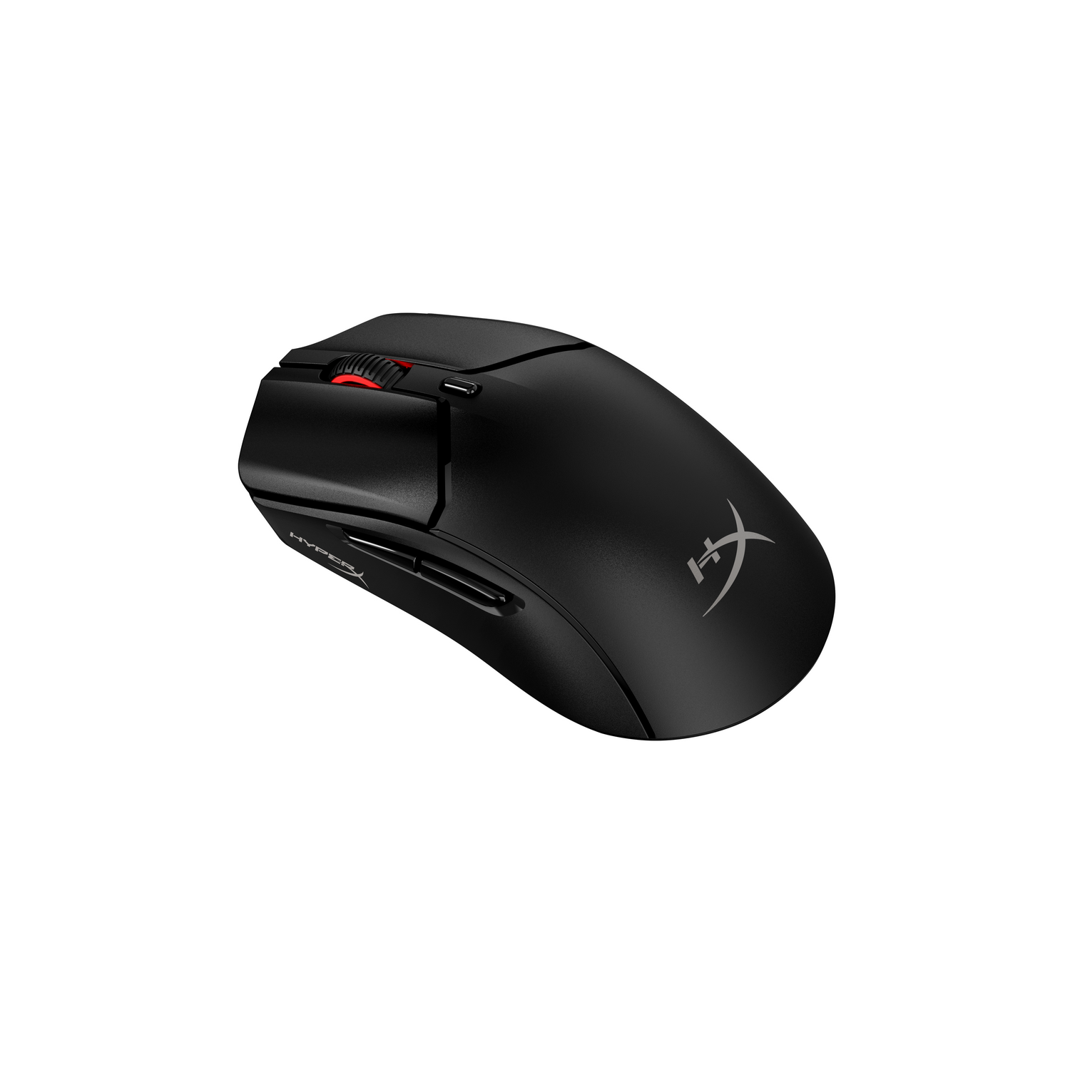 Black HyperX gaming mouse with red scroll wheel. Isolated on white background.