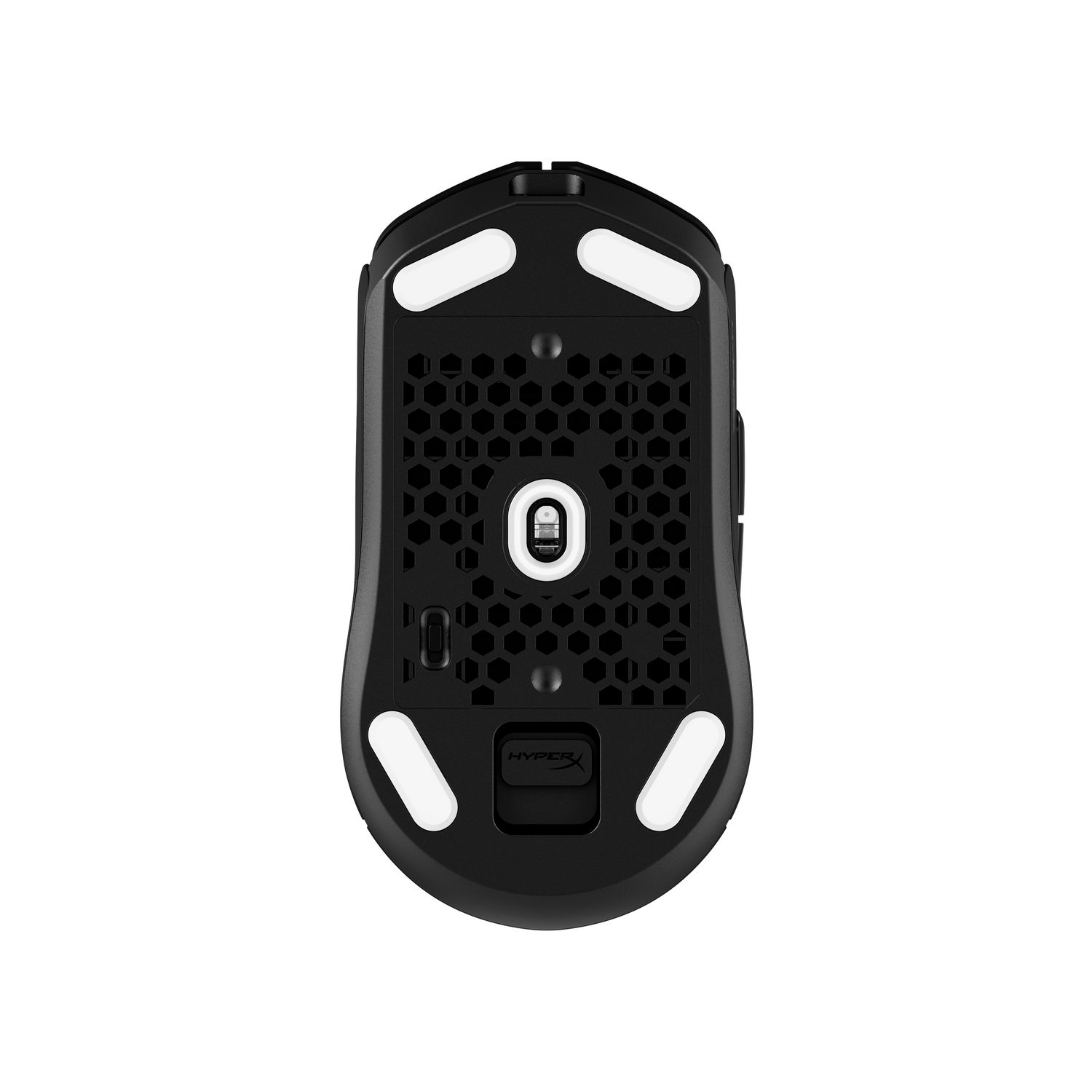 Black gaming mouse with white pads and a honeycomb design on the bottom.