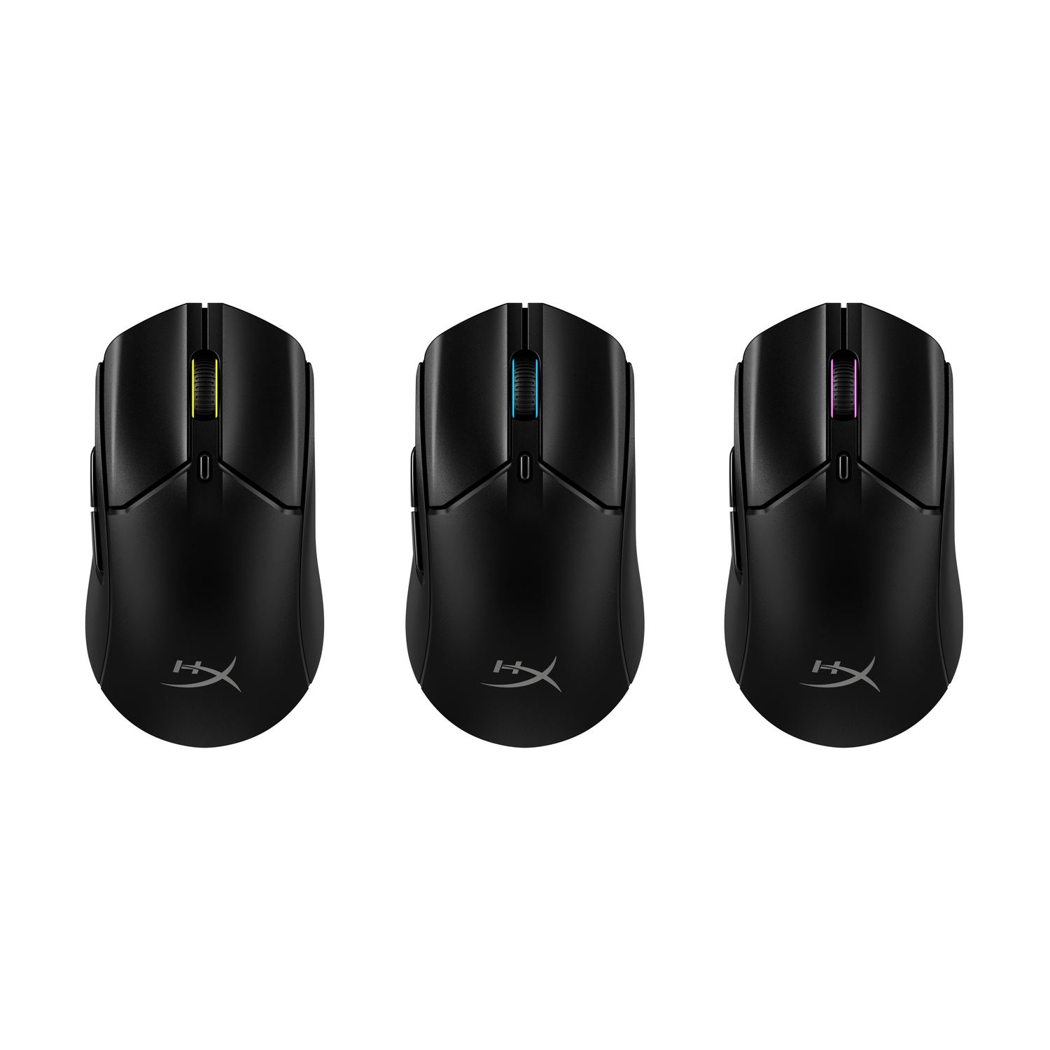 Three black computer mice with different colored scroll wheels: yellow, blue, and pink.