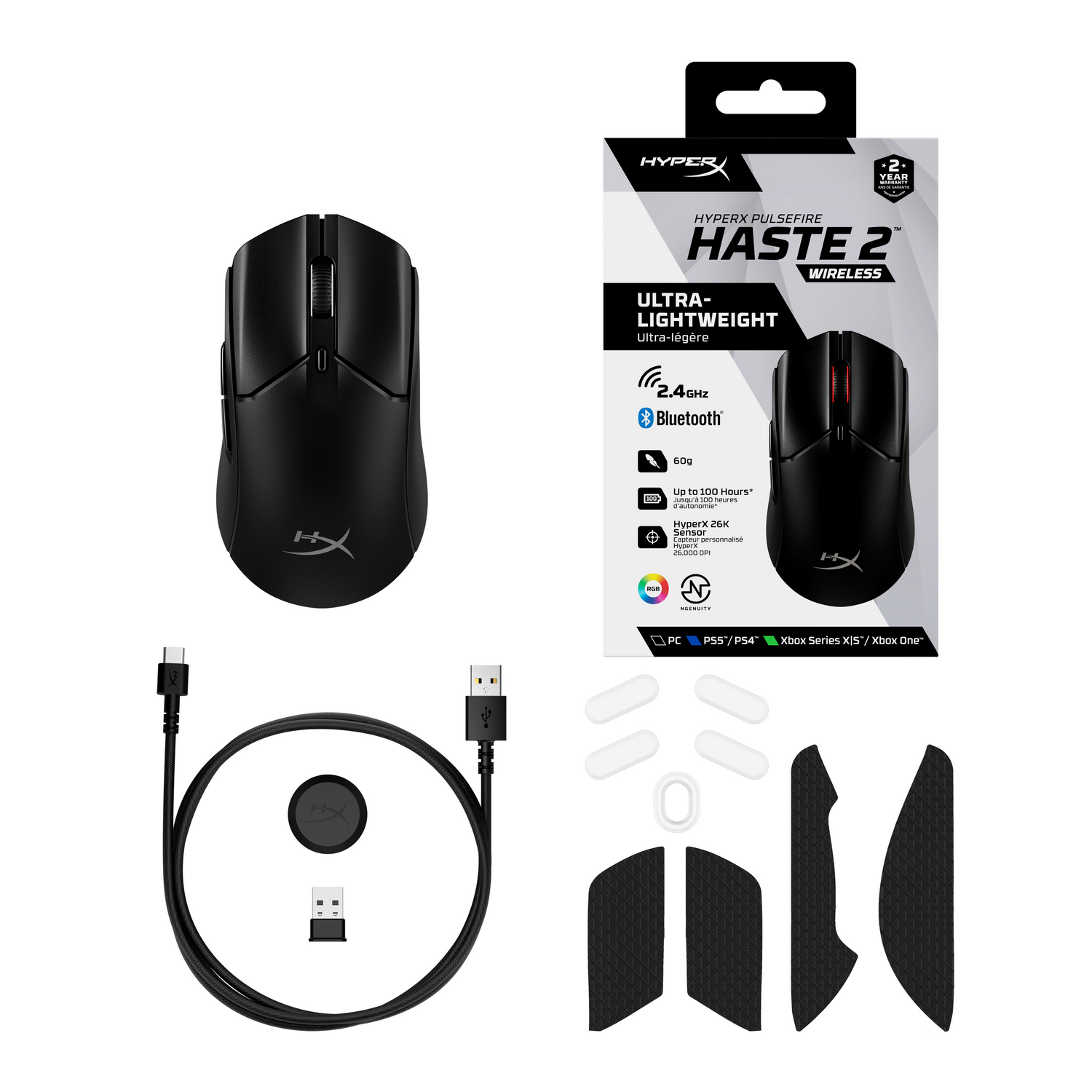 Black gaming mouse, charging cable, and accessories displayed on white background.