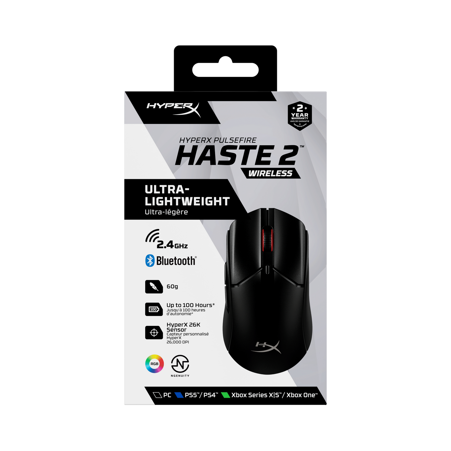 Black and red HyperX Pulsefire Haste 2 Wireless gaming mouse in its packaging, with key features listed.