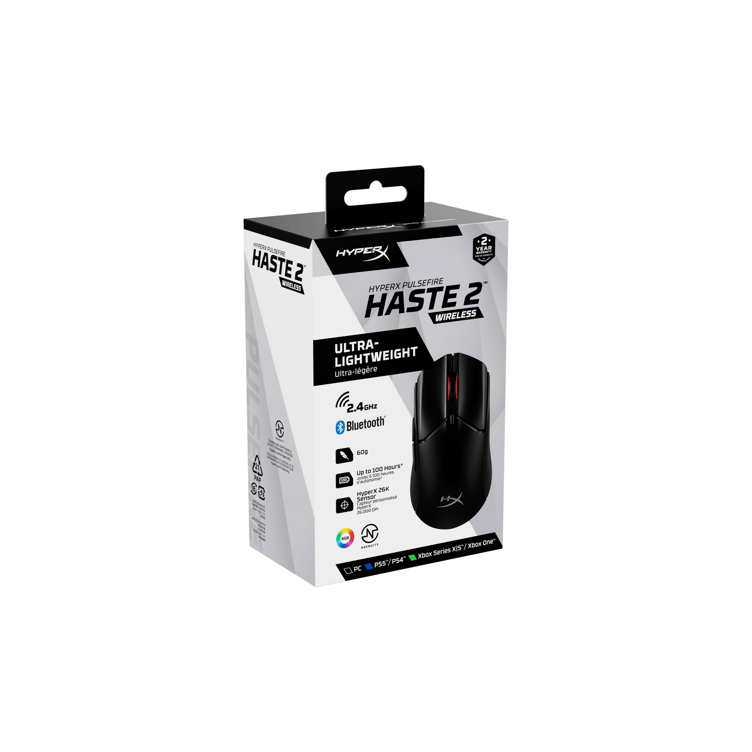 A black HyperX Haste 2 wireless gaming mouse in a box.
