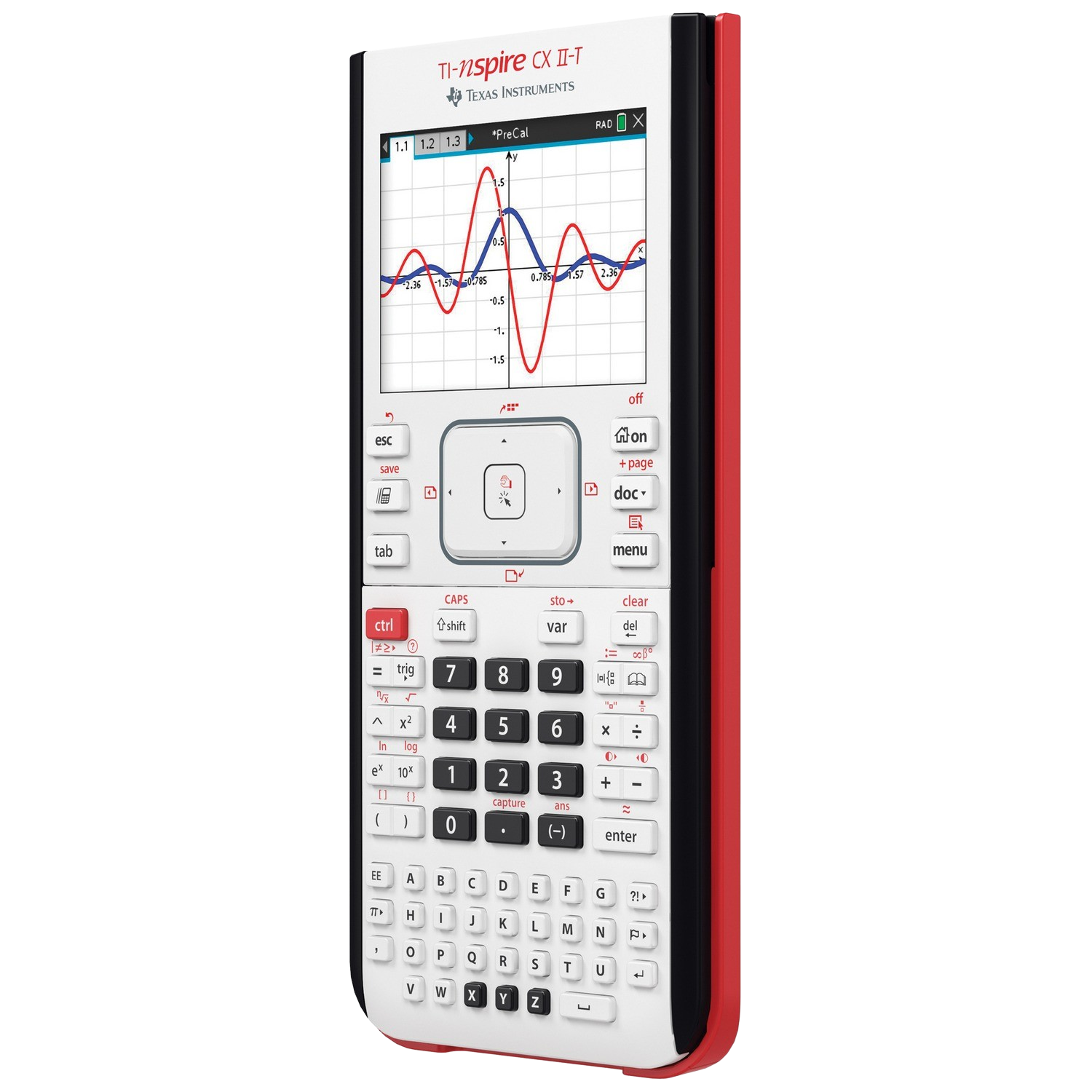 Een TI-nspire CX II-T rekenmachine met een kleurenscherm, met een grafiek.