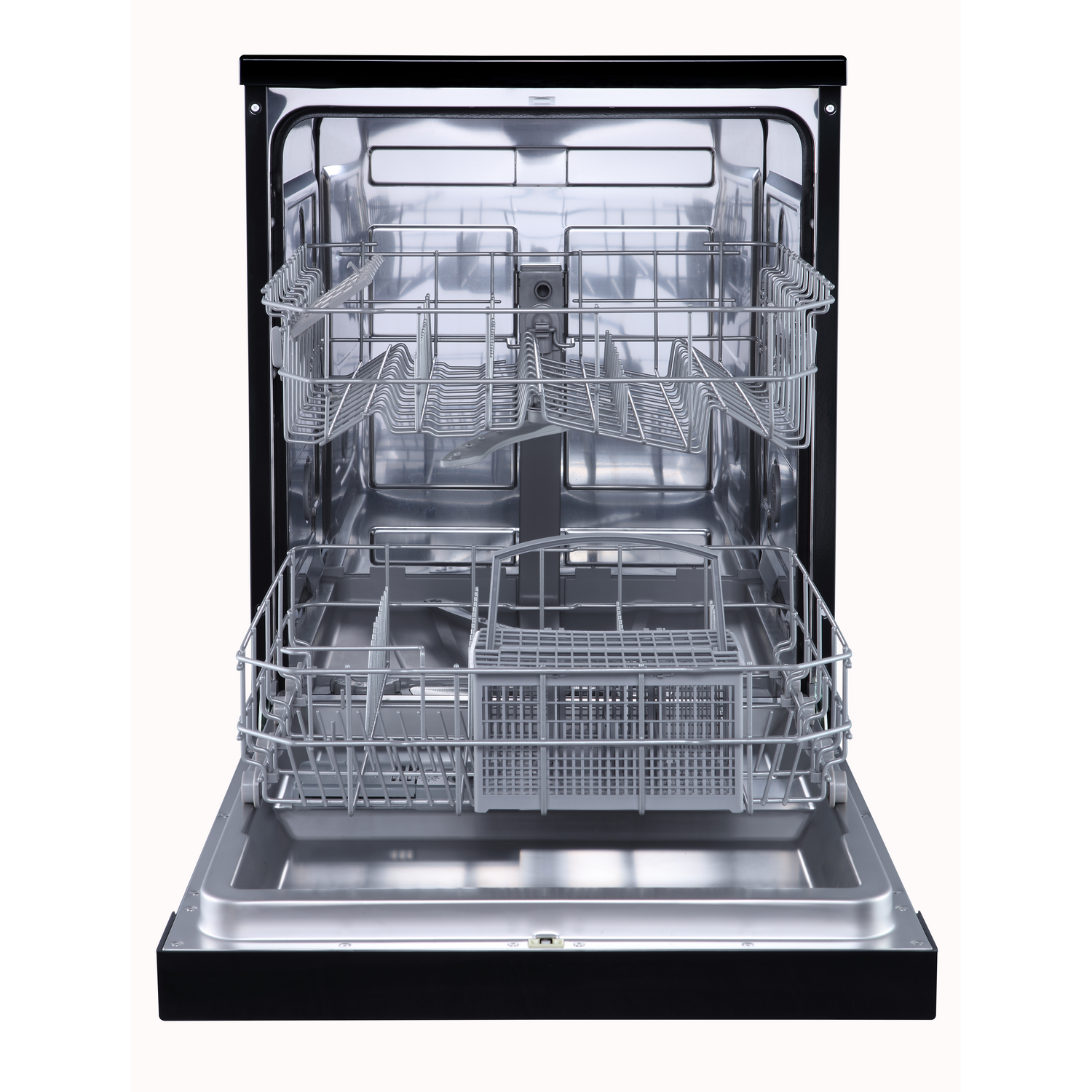 Dishwasher interior with open door. Stainless steel interior with two racks for dishes and cutlery.