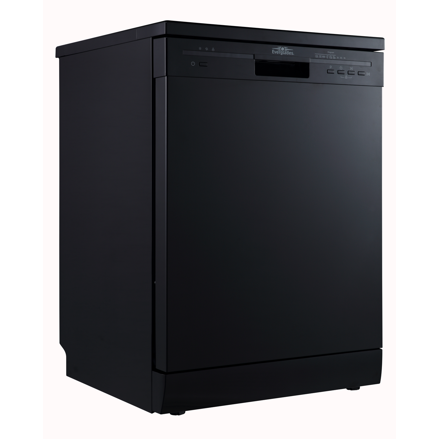 Black dishwasher with control panel and logo, on a white background.
