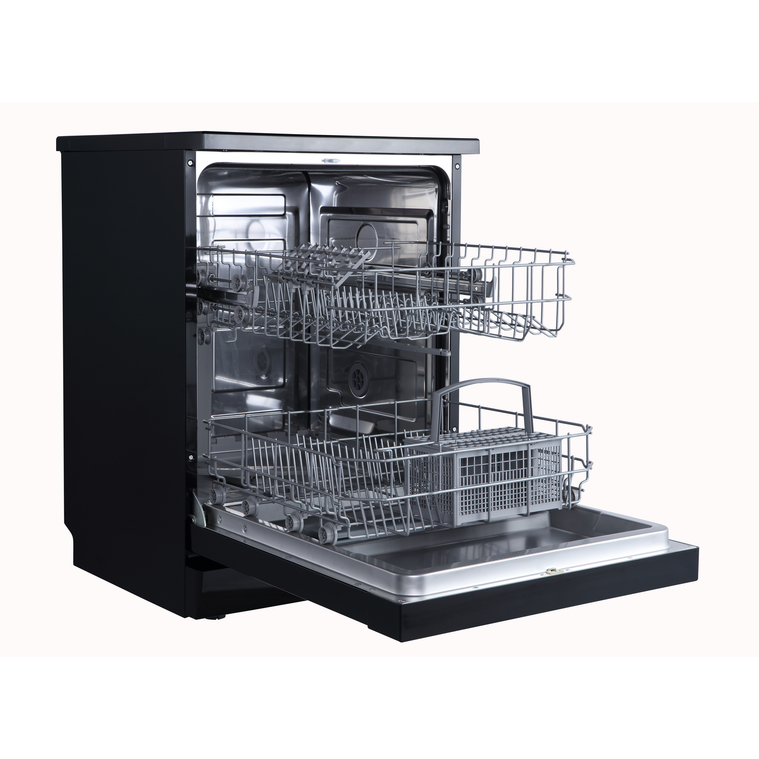 Black dishwasher with open door. Two racks are visible. Silver racks and inside are visible.