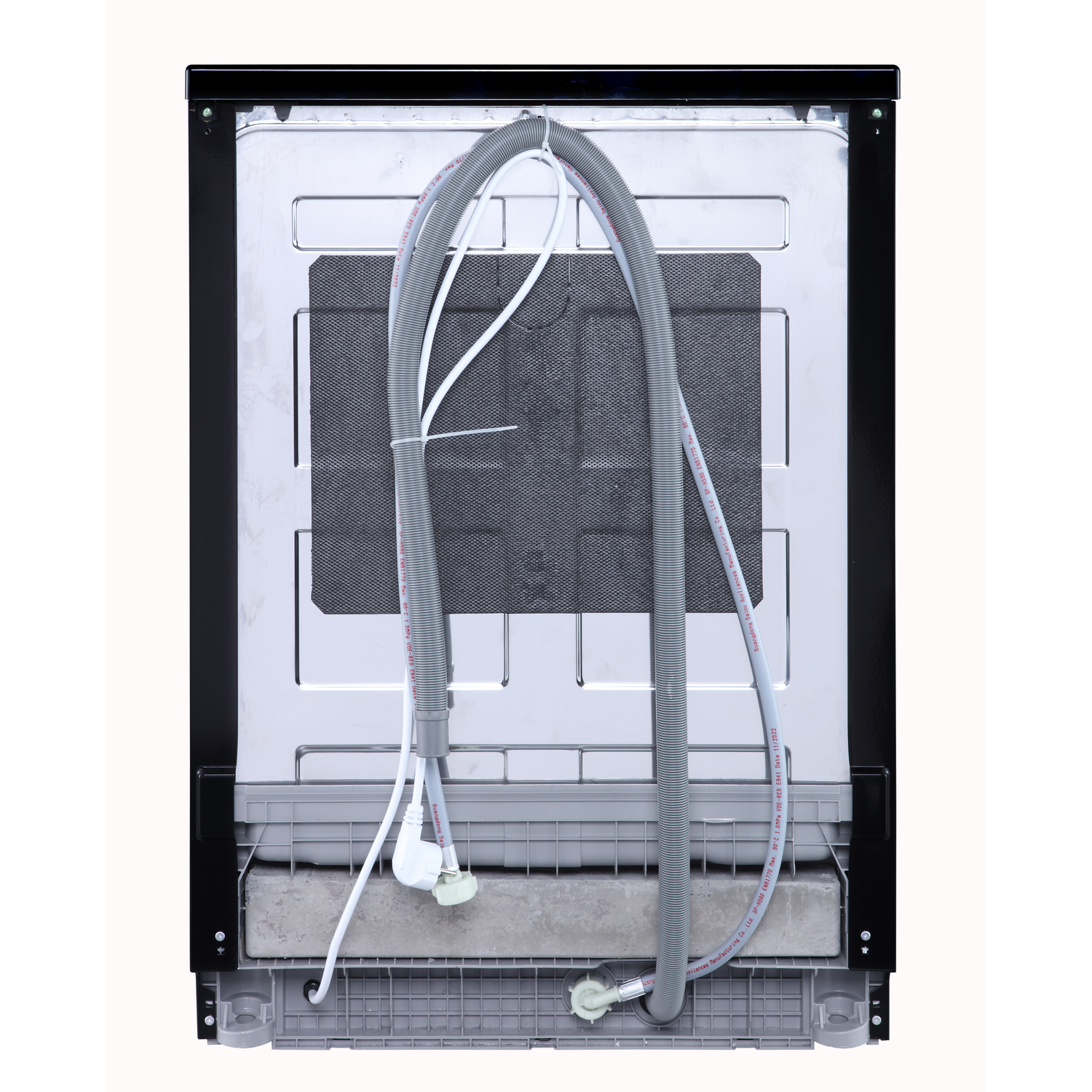 The back of a dishwasher. Hoses, a grey sound dampening material, and other parts are visible.