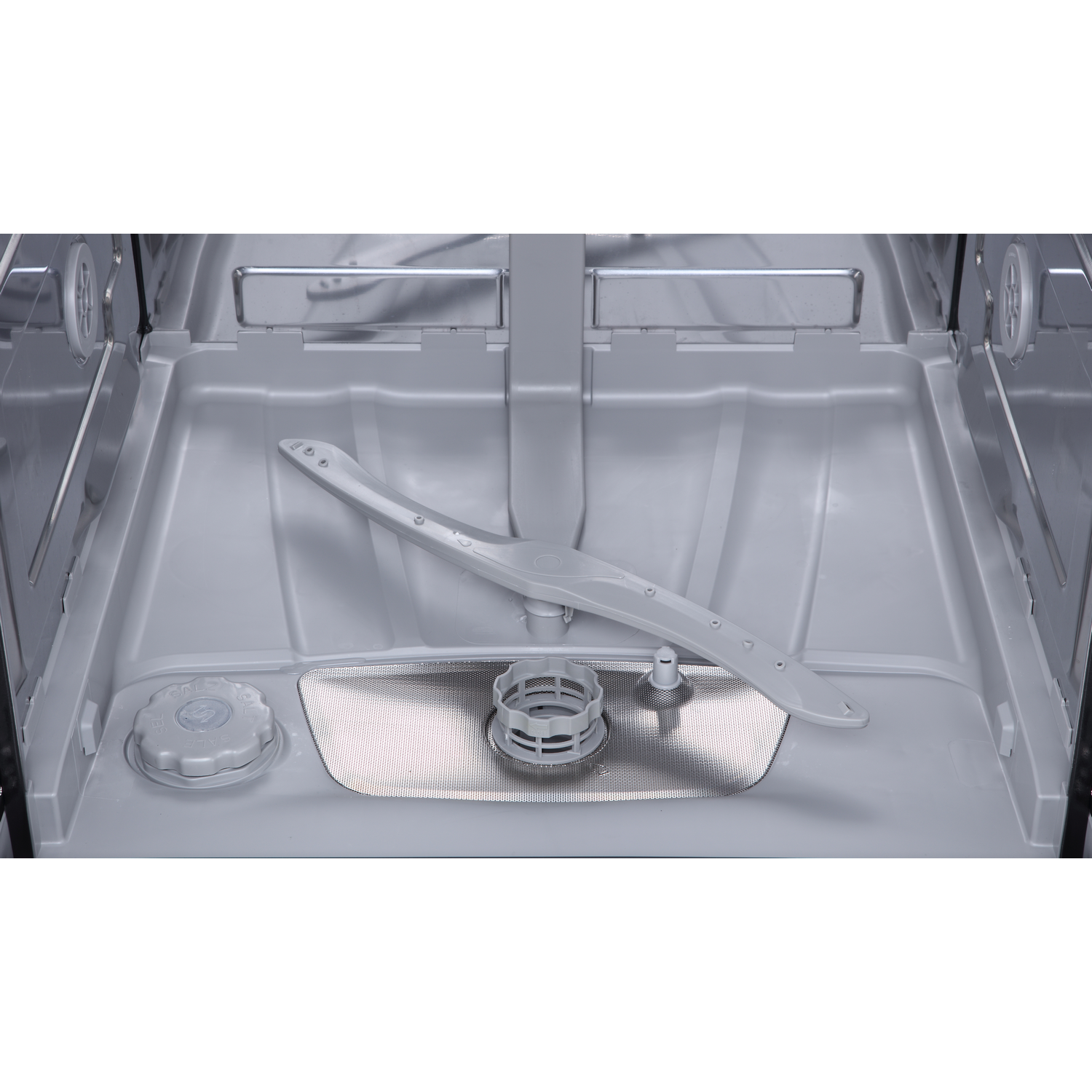 Interior of a dishwasher, showing the spray arms, filters, and racks.