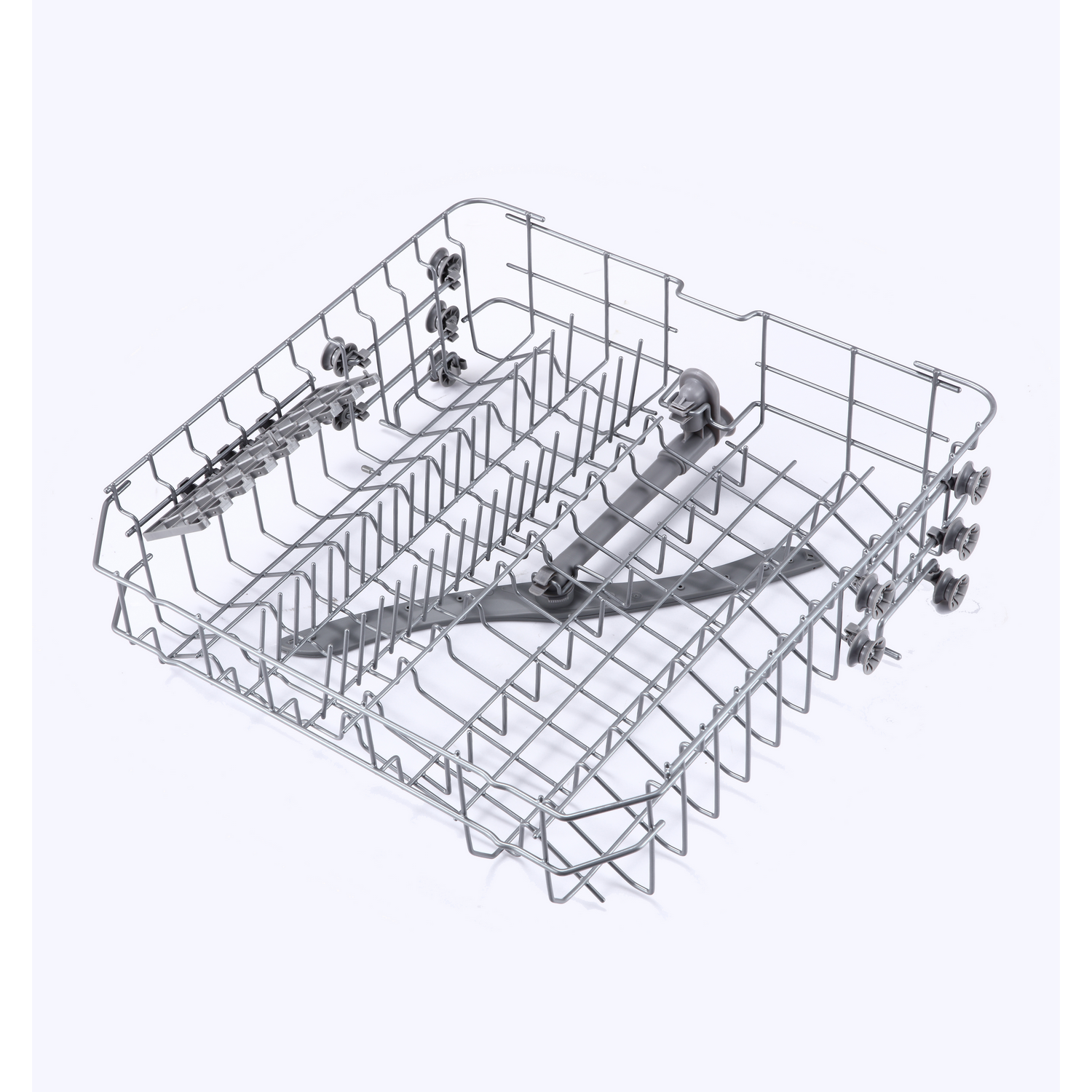 A silver dishwasher basket on a white background.
