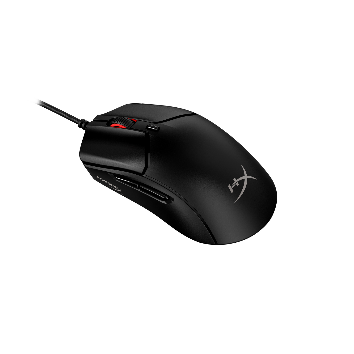 Black gaming mouse with red scroll wheel and HyperX logo on a white background.