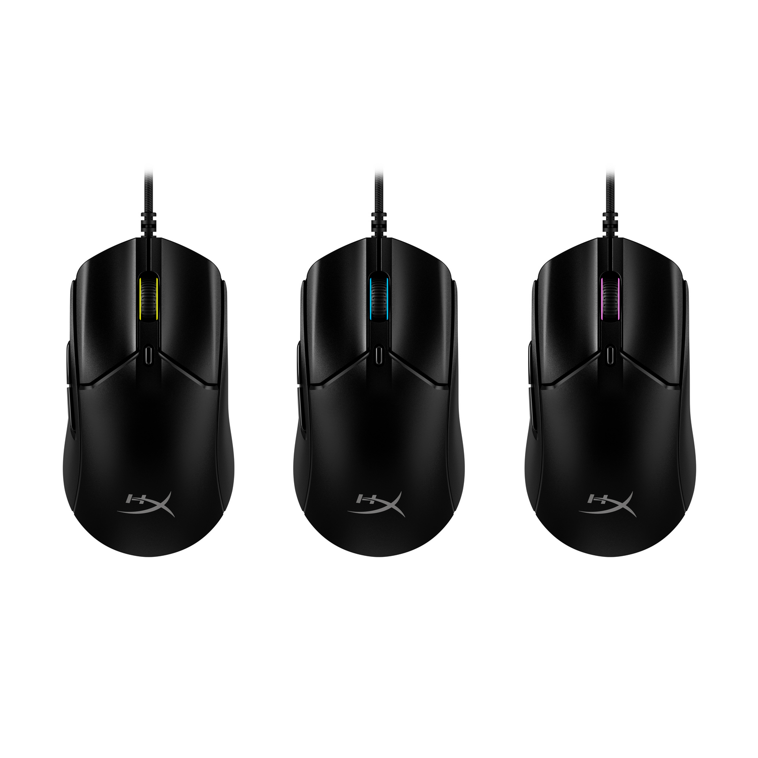 Three black gaming mice with colored lights on the scroll wheels: yellow, blue, and pink.