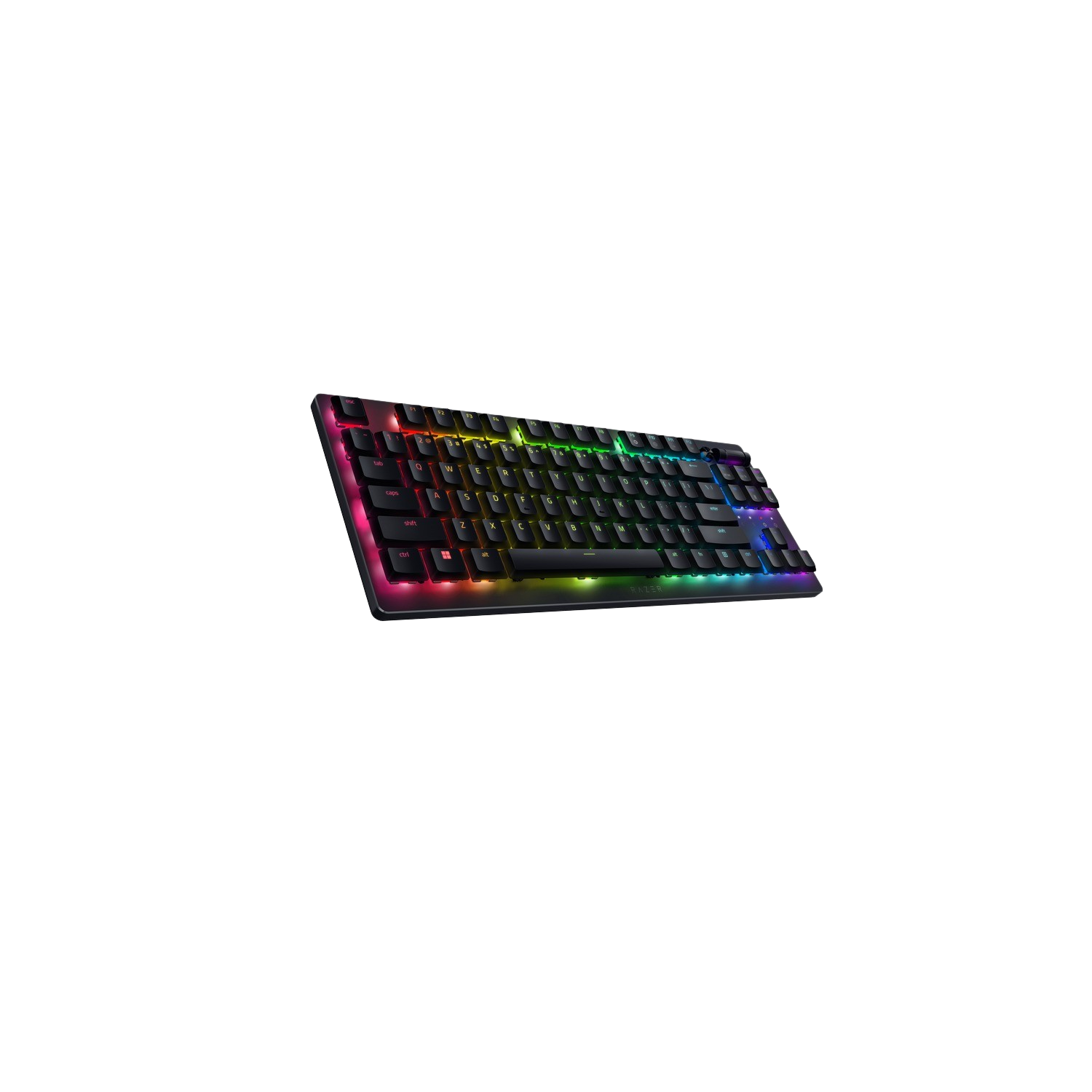 Black gaming keyboard with colorful lights on a black background.