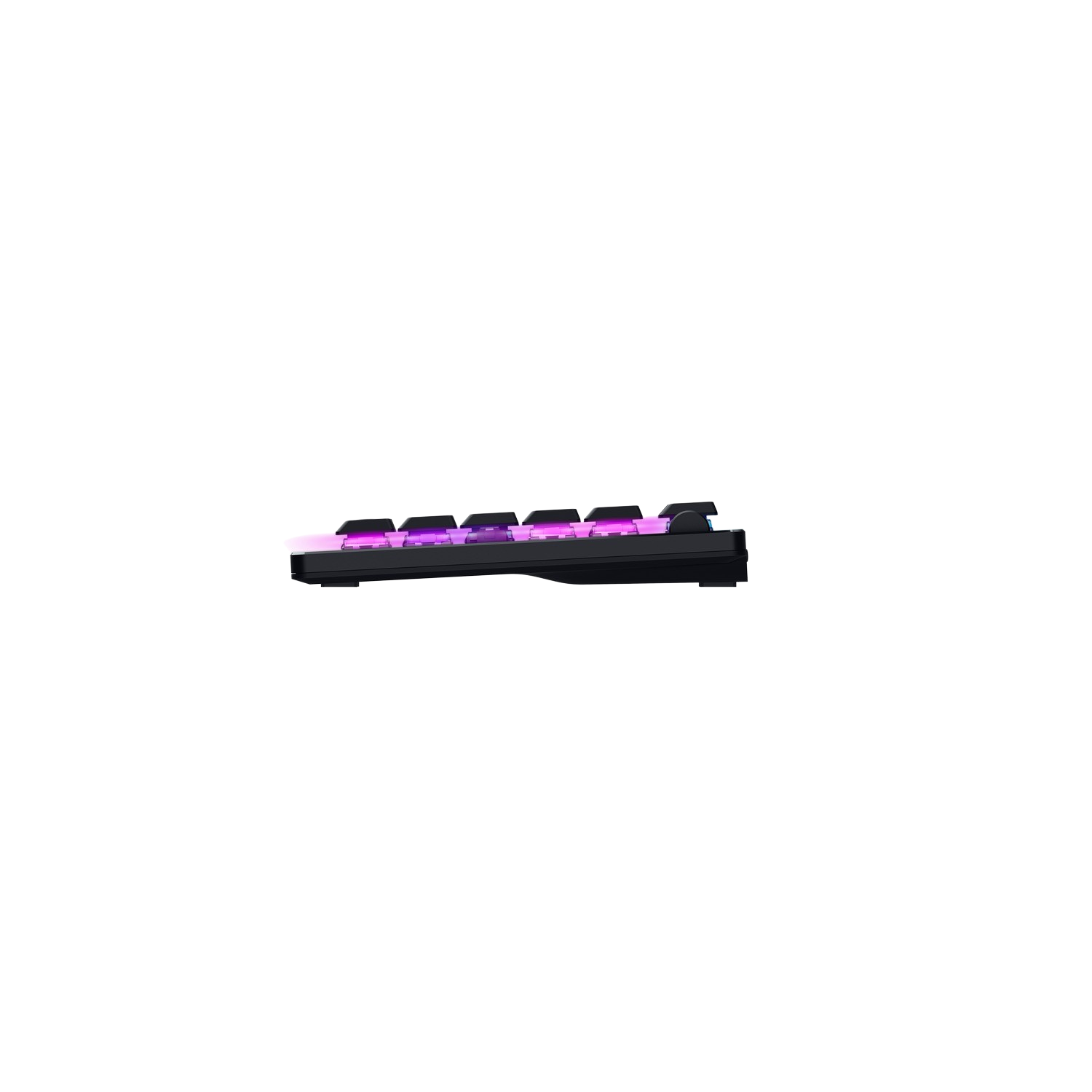 A black keyboard with pink lighting on the keys, on a black background.