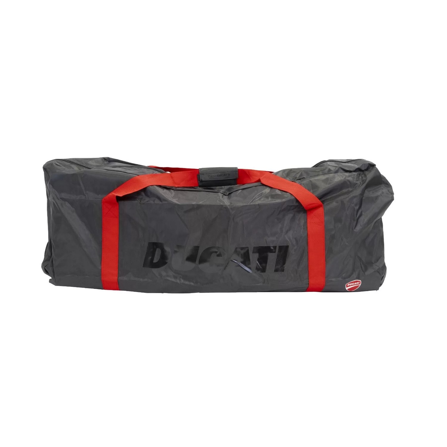 Sac de sport Ducati gris avec sangles rouges, logo noir et fond blanc.