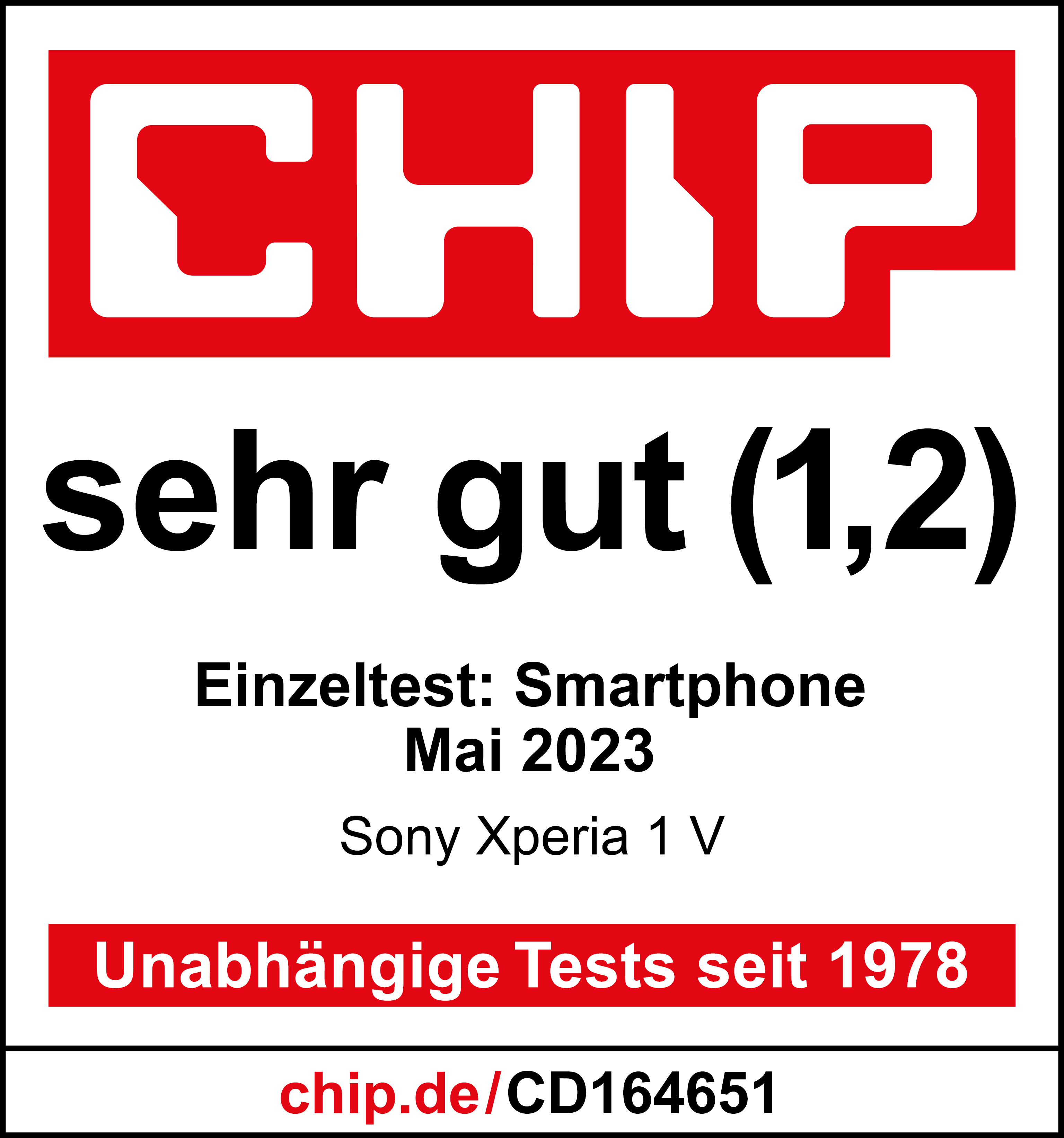 Roter und weißer Chip-Magazin-Titel mit Handy-Test, Bewertung "sehr gut".