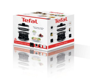 Pudełko parowaru Tefal. Białe pudełko ze zdjęciami parowaru i ugotowanego jedzenia. Tekst: 'Gotuj smaczne, zdrowe posiłki każdego dnia'.