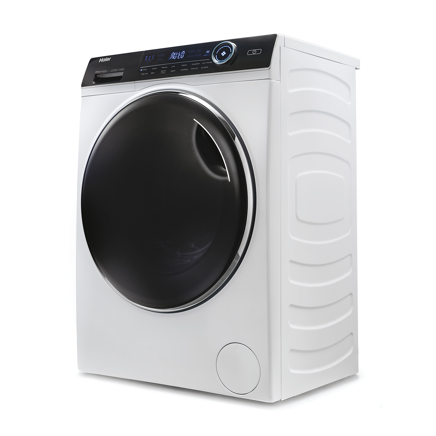 Lavatrice Haier bianca con porta nera, su sfondo bianco.