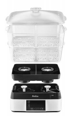 Białe i czarne urządzenie z przezroczystymi pojemnikami.