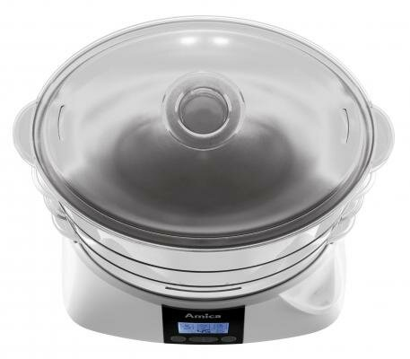 Biała parowar z przezroczystą pokrywą. Widok z góry. Białe tło.