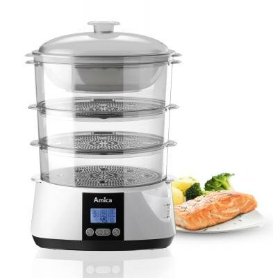 Parowar z trzema przezroczystymi poziomami, biała podstawa z kontrolkami i talerz z jedzeniem po prawej.