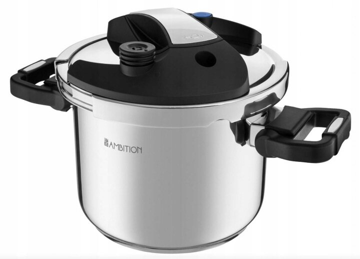 Szybkowar ze stali nierdzewnej z czarnymi i srebrnymi akcentami, na białym tle.