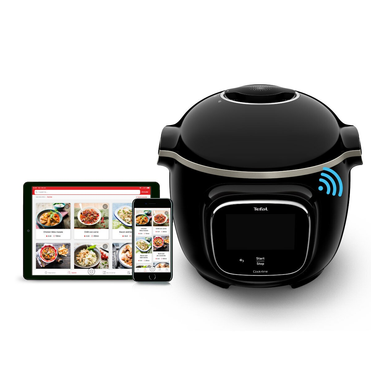 Czarny garnek Tefal z tabletem i telefonem wyświetlającymi przepisy. Obecny jest niebieski symbol wifi.
