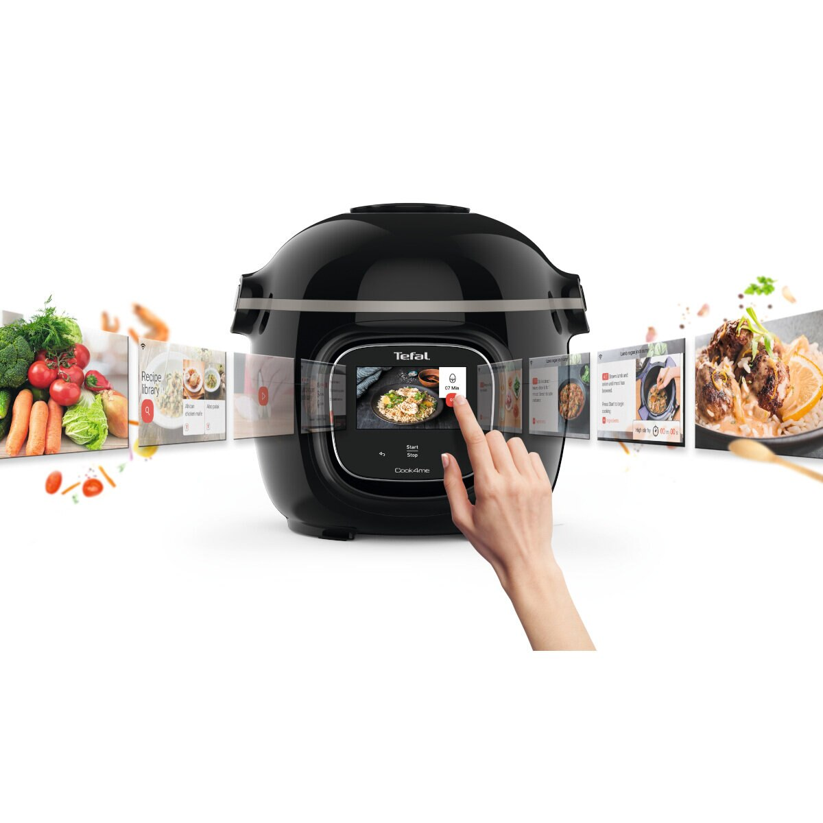 Czarny garnek Tefal z ekranem dotykowym. Ręka dotyka ekranu. Obrazy przepisów po bokach.