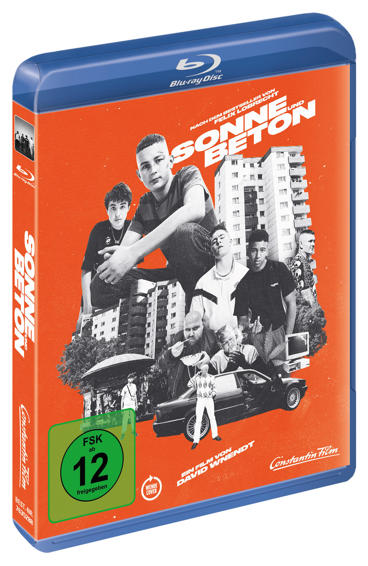 Filmcover von 'Sonne Beton' mit jungen Männern auf orangefarbenem Hintergrund.