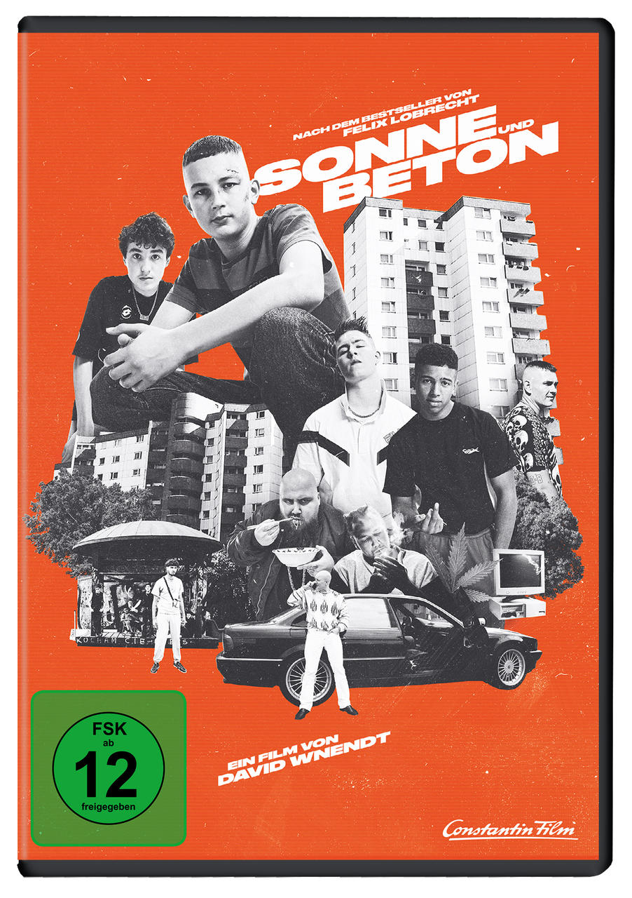 Filmposter mit einer Gruppe junger Männer und Stadtkulisse mit Text Sonne Beton, FSK 12 und Credits.