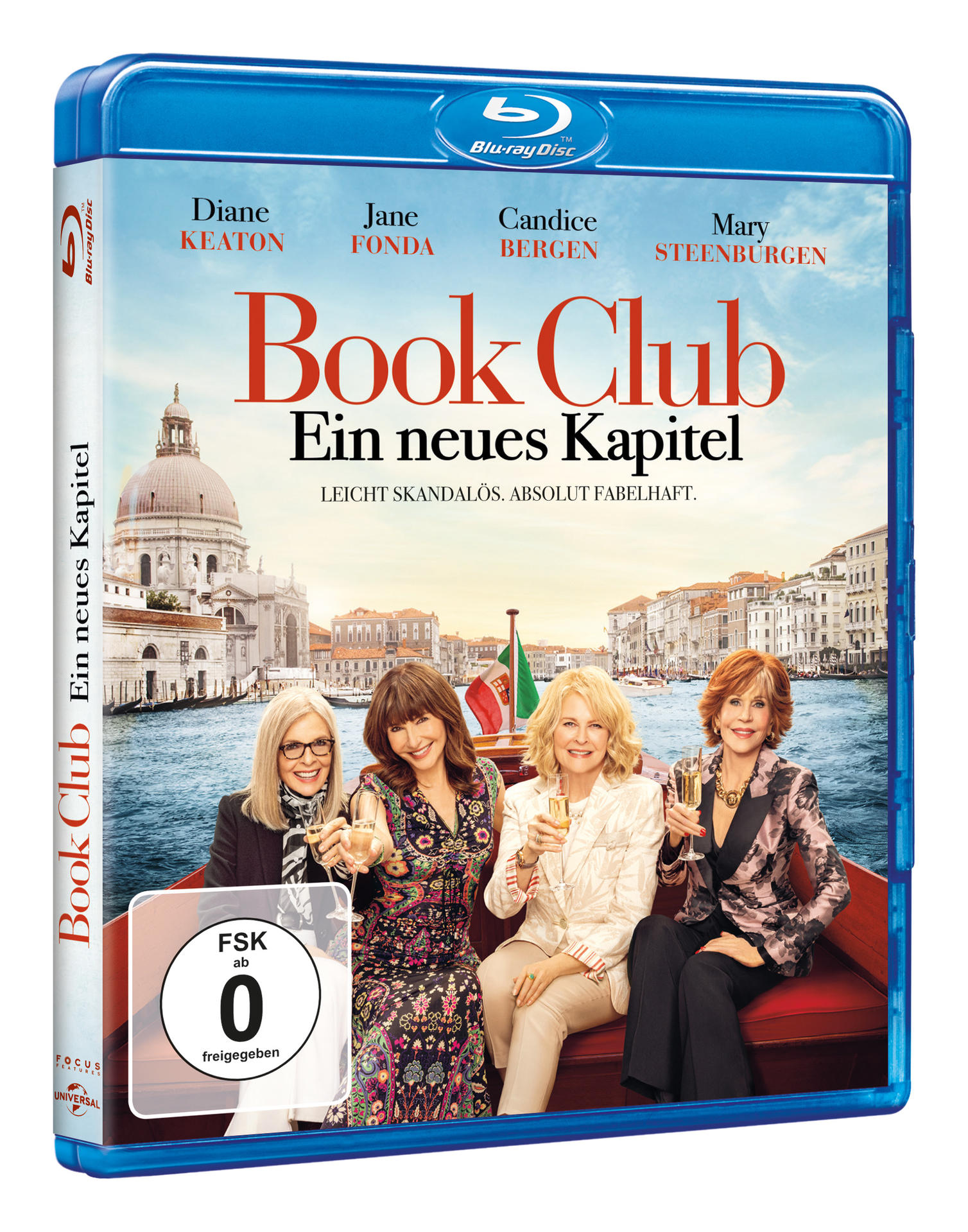 Vier Frauen auf einem Boot in Venedig, mit dem Filmtitel 'Book Club'.