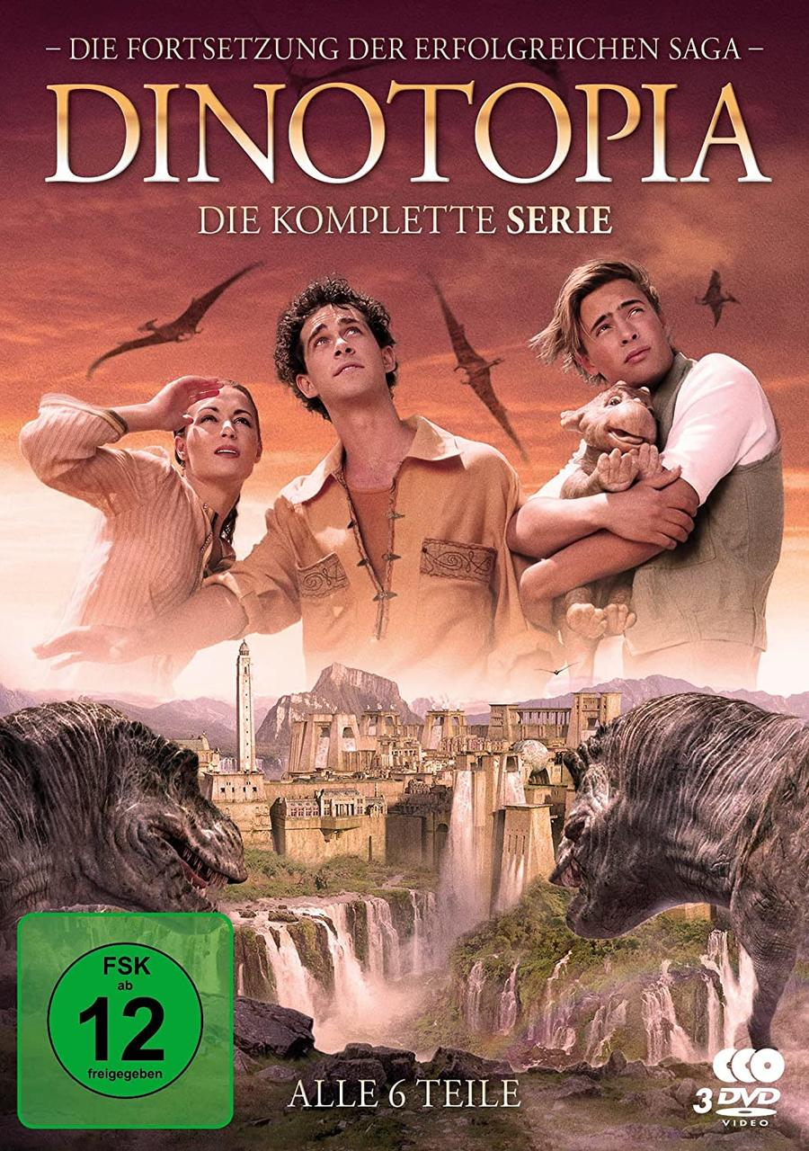 Dinotopia DVD-Cover. Drei Leute schauen zu Dinosauriern und einer Stadt hoch. Vögel fliegen.