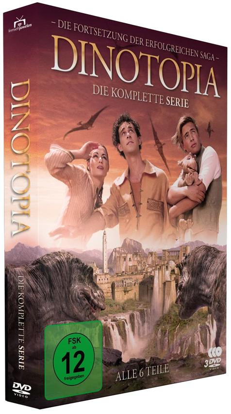 DVD-Cover von Dinotopia mit Charakteren, die zu Dinosauriern und Stadt im Hintergrund aufblicken.