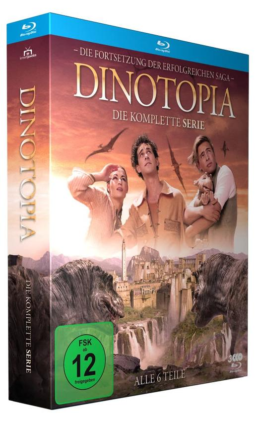 DVD-Box-Set von Dinotopia. Zeigt Menschen, die zu Pterodaktylen und einer Stadt aufblicken. FSK 12 Aufkleber.