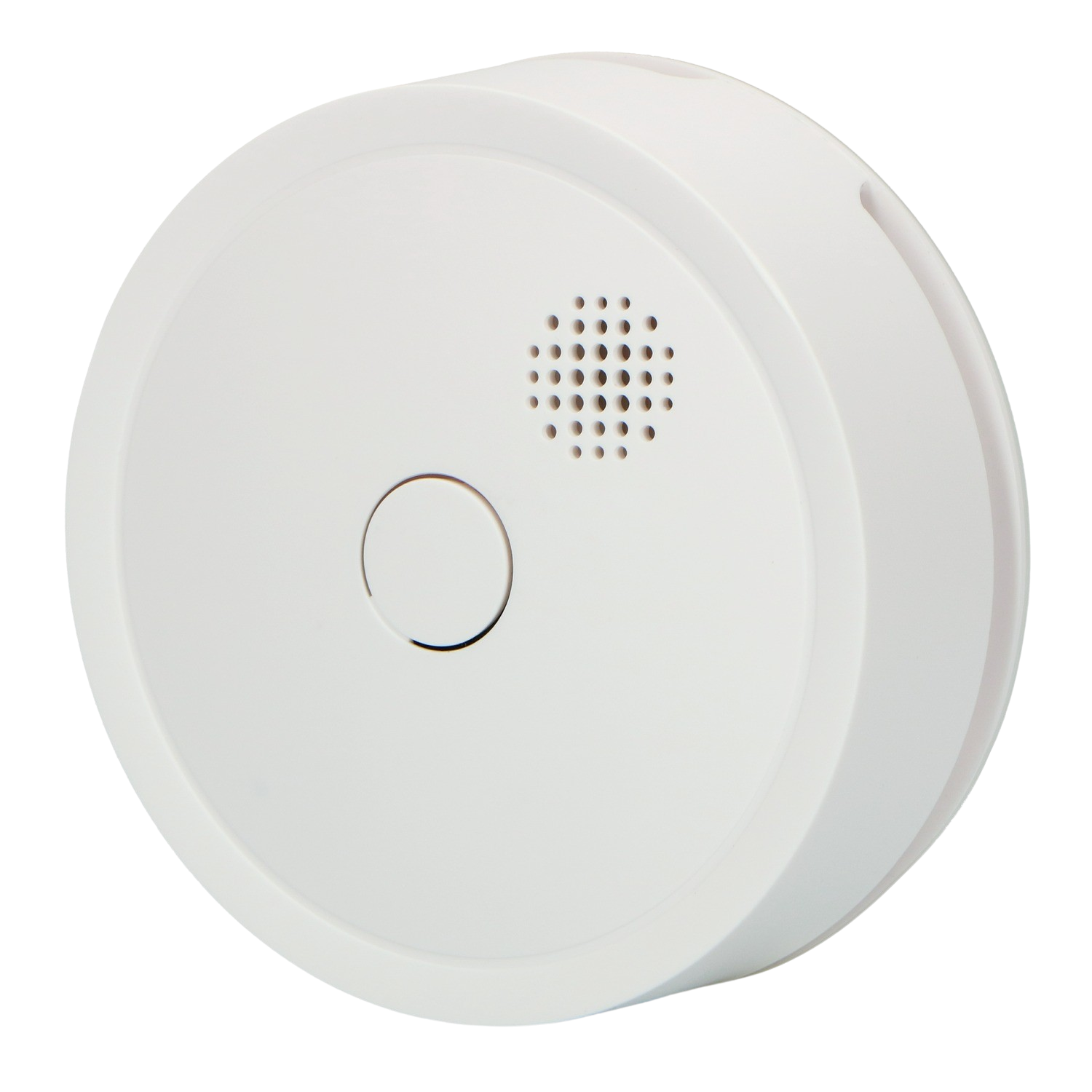 Een witte, ronde rookmelder met een testknop en luidsprekergaten op het oppervlak.
