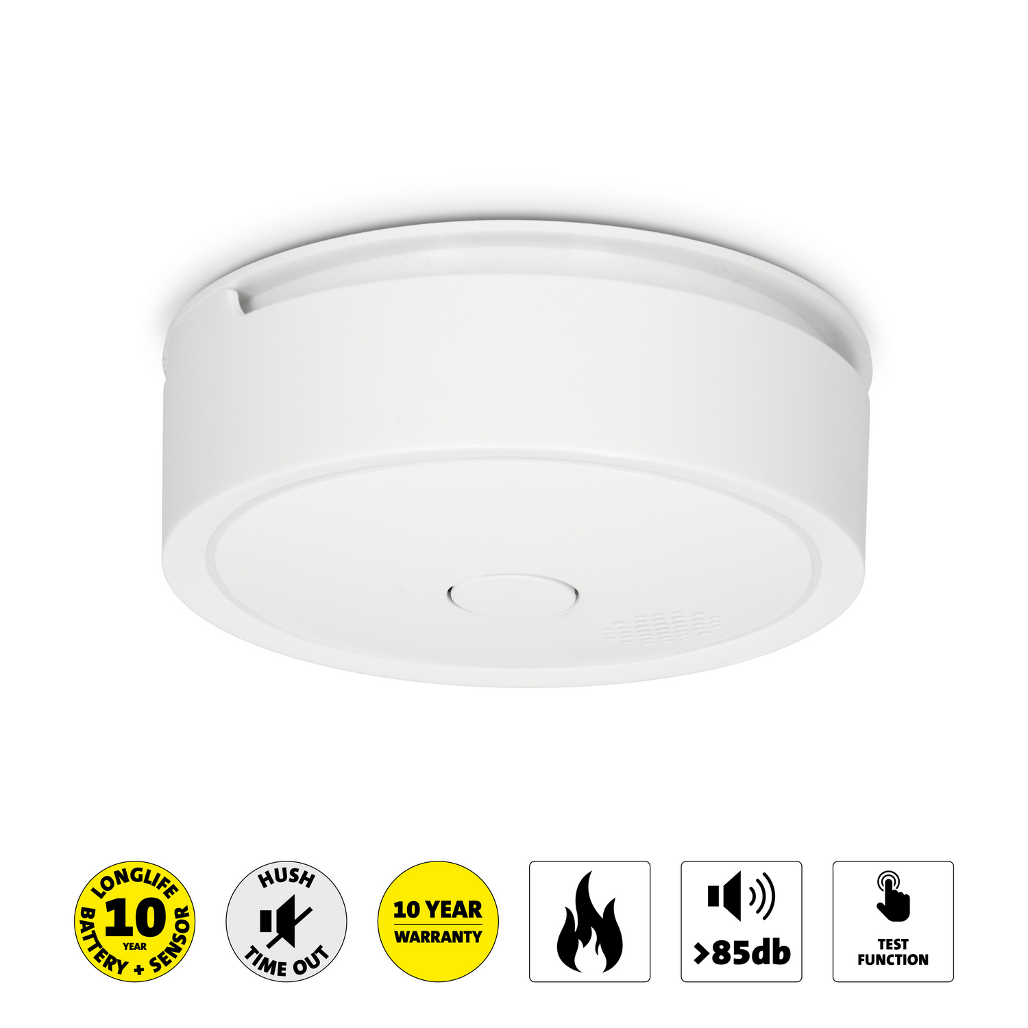 White smoke detector mounted on the ceiling, with several safety icons.