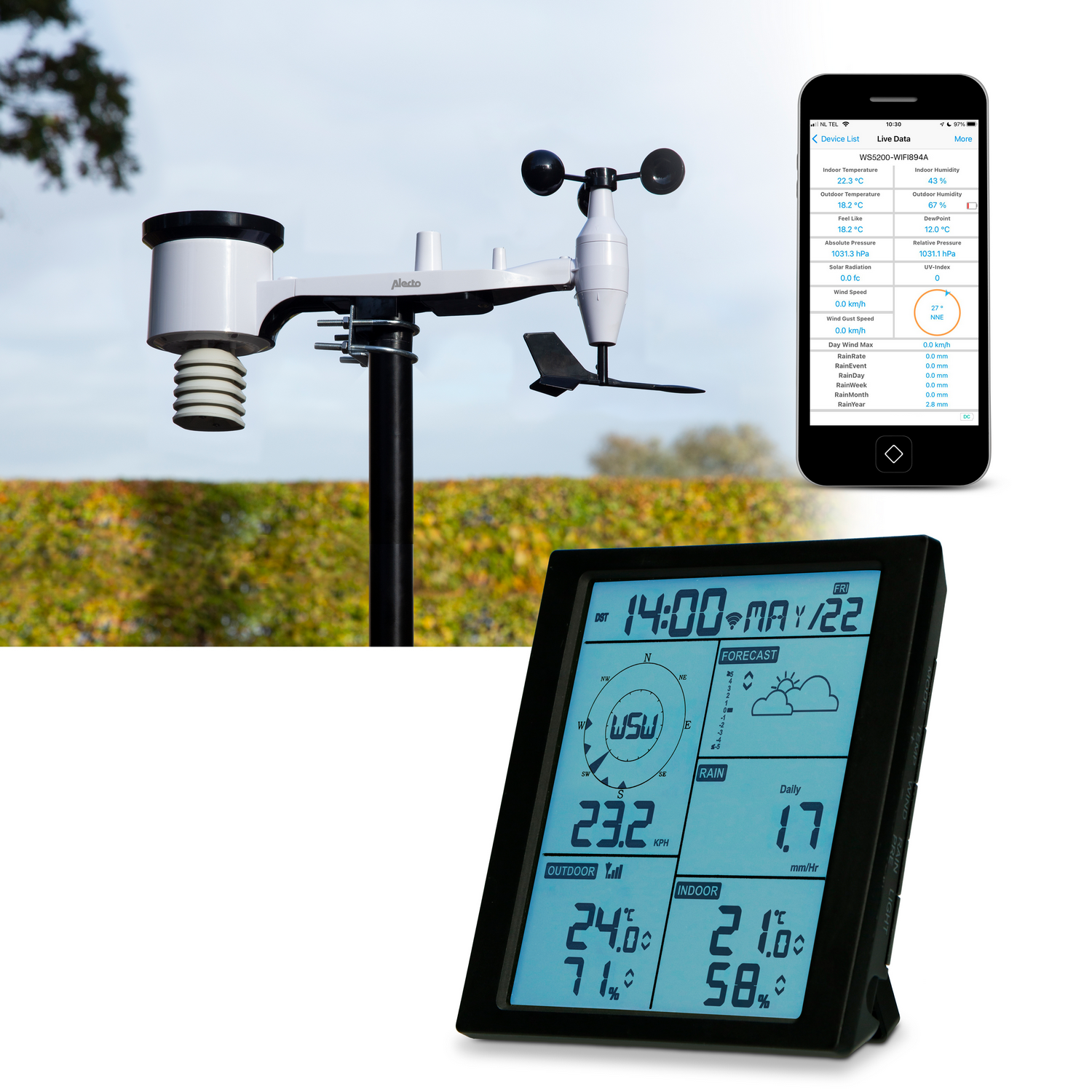 Weather station with display, a phone showing data, and an outdoor sensor.