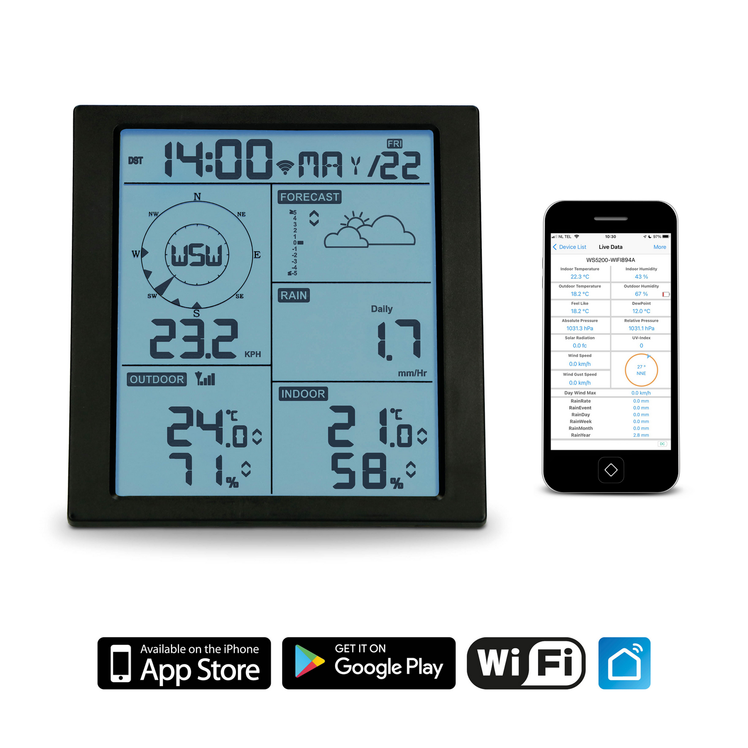A digital weather station showing time, date, forecast, and indoor/outdoor measurements.