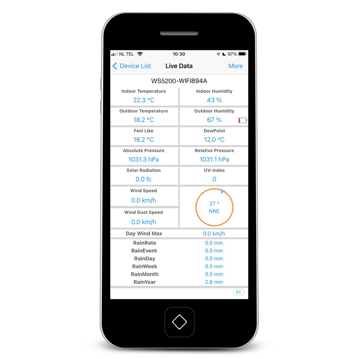 Smartphone screen displaying weather data: temperature, humidity, wind, and UV index.