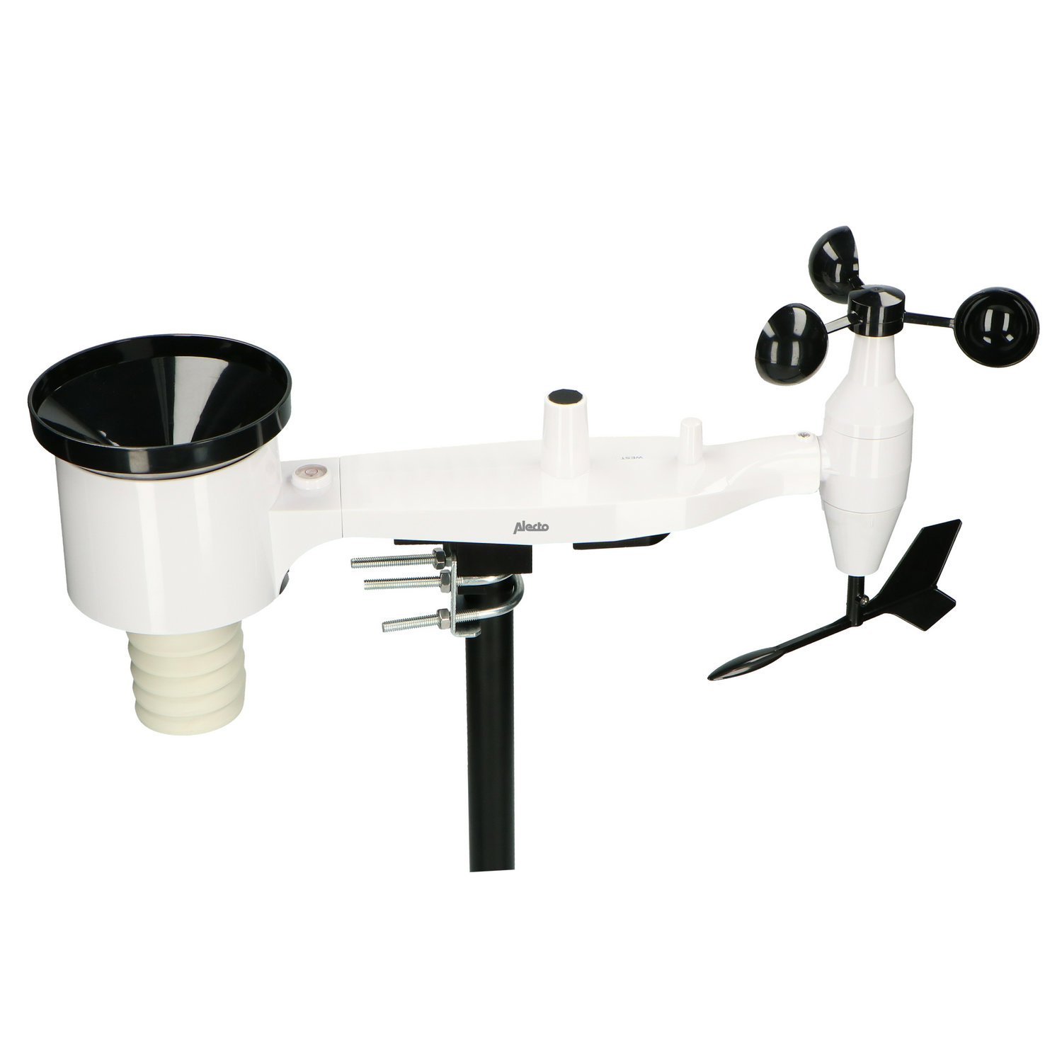 White weather station with black details, including rain gauge and anemometer.