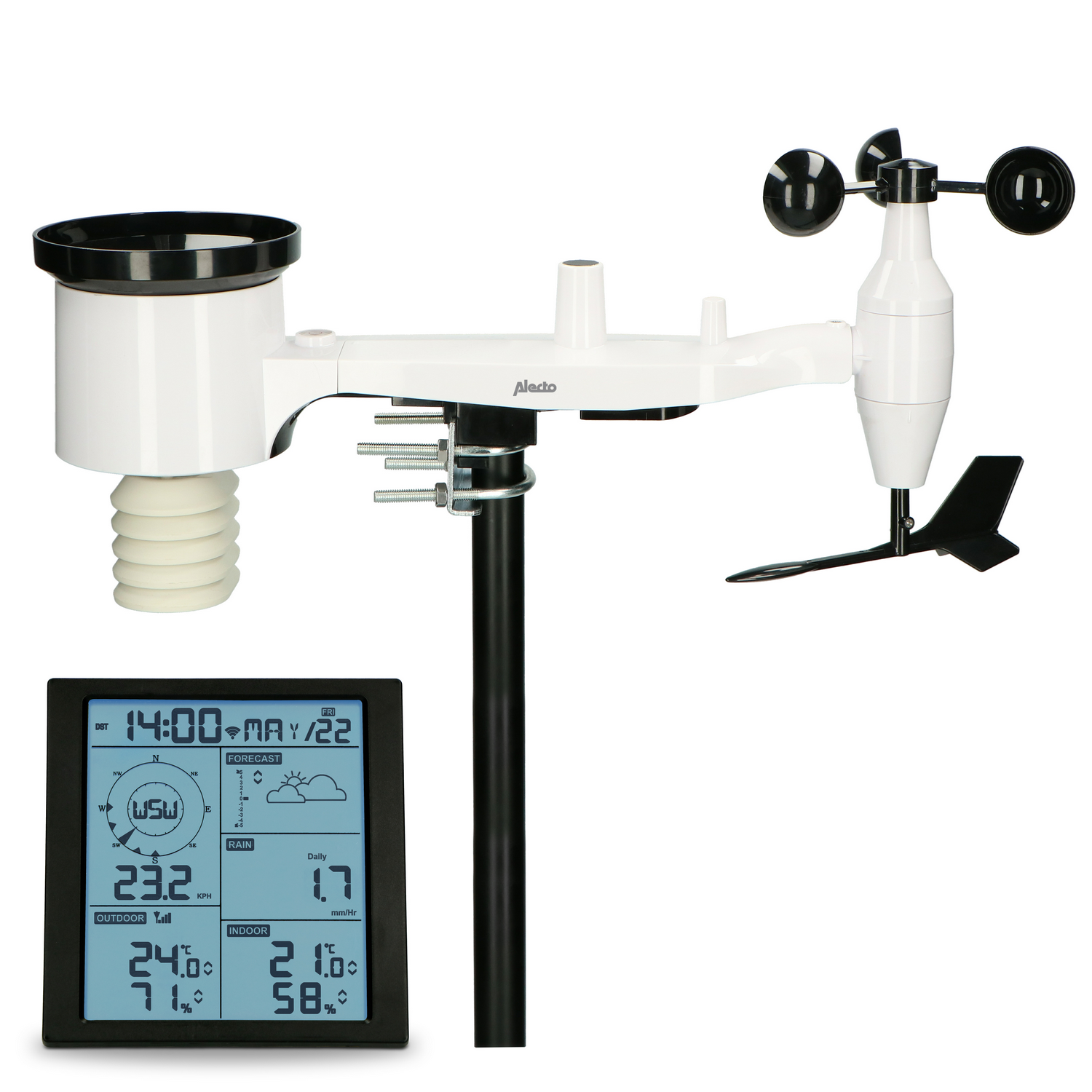 Weather station with a digital display and a wind gauge. The display shows data.