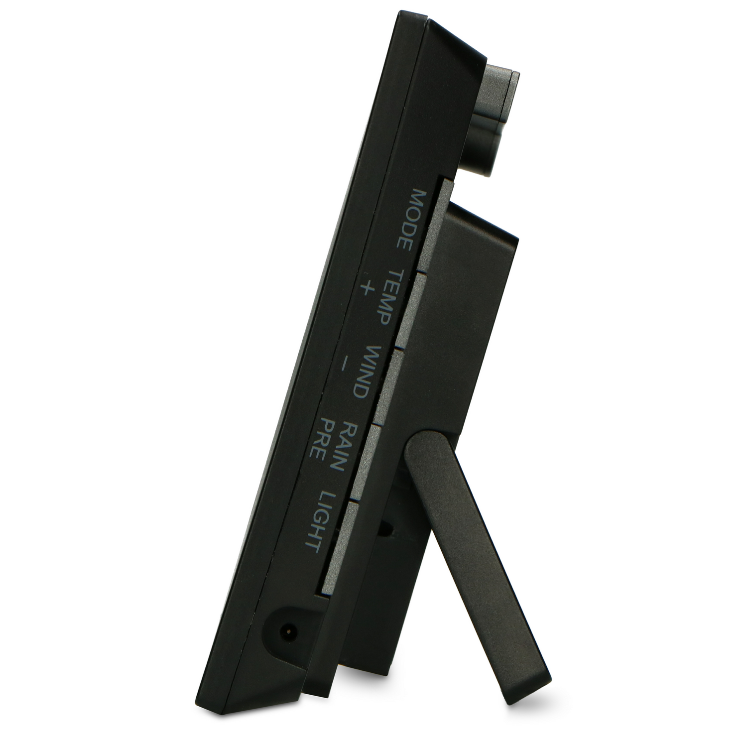 Black weather station leaning on a stand. Displays: mode, temp, wind, rain, light.